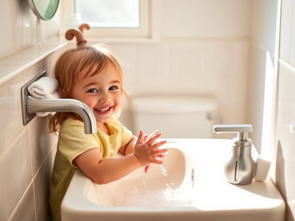 Young child washing hands at a preschool sink, demonstrating Hazel's Christian Preschool cleanliness and hygiene protocols