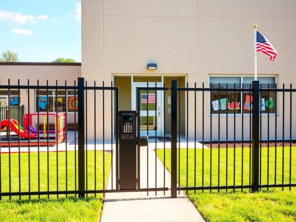 Secure gated entrance with keypad access at Hazel's Christian Preschool, showing safe and protected campus facilities